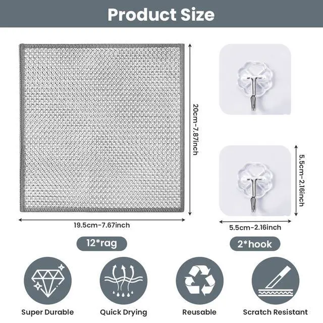 Alt view image 2 of 7 - 12 PCS Non Scratch Wire Dishcloth, Multipurpose 2-Layer Metal Dish Cloth, Wire Mesh Cleaning Cloth for Wet & Dry Use, Wire Dishwashing Rag for Cookware, Dishes, Sinks, Stove Tops, 7.87 x 7.67