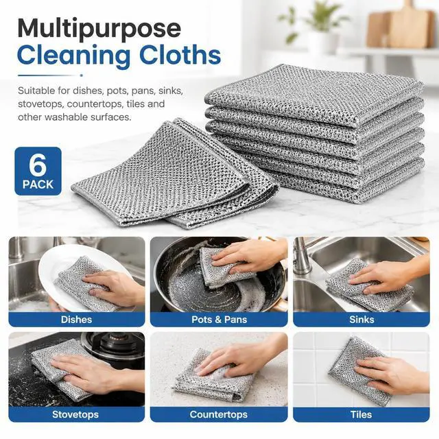 Alt view image 2 of 2 - 6 Pack Non-Scratch Wire Dishcloths, Multipurpose Steel Wool Cleaning Cloths for Dishes, Pots, Pans, Sinks, Stovetops, Kitchen and Bathroom Cleaning Pads