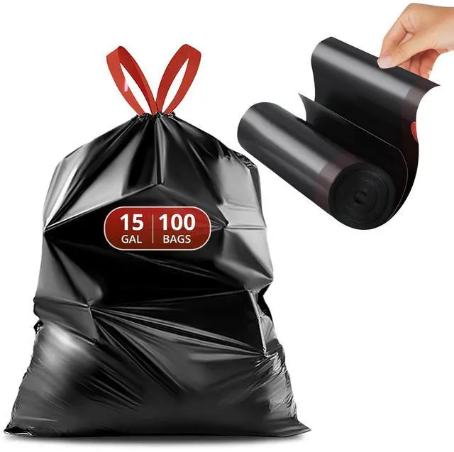 Main image of Pre-Separated 15 Gallon Drawstring Trash Bags, 100 Count, Black