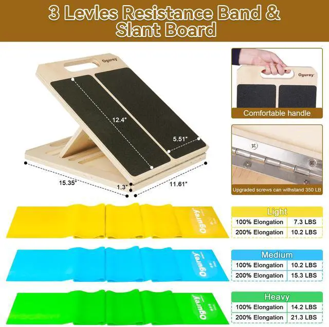Alt view image 2 of 7 - 4 Pieces Slant Board with Exercise Bands, Premium Calf Stretch Board, Portable Adjustable Slant Board for Calf Stretching, 350LB Weight Capacity Calf Ankle Achilles Physical Therapy Leg Exercisers