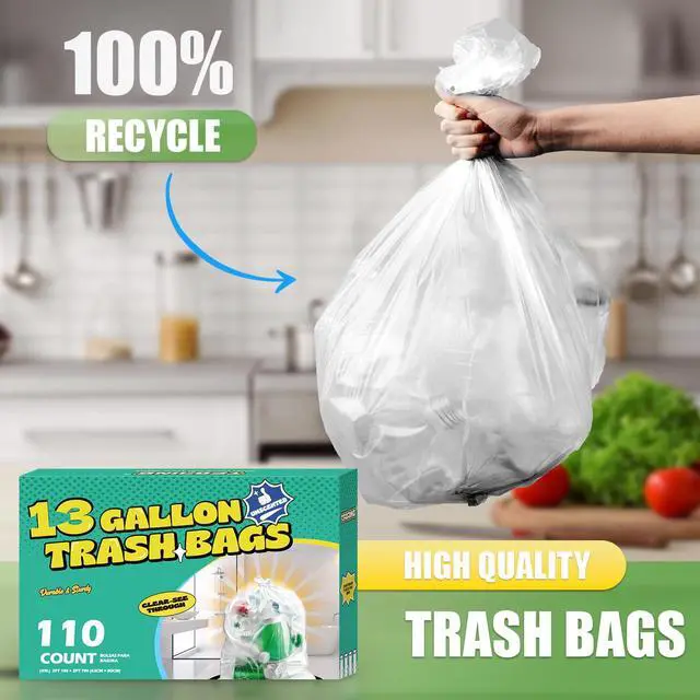 Alt view image 6 of 6 - 13 Gallon Tall Kitchen Trash Bags Unscented,1.1 Mil,Clear,110 Ct