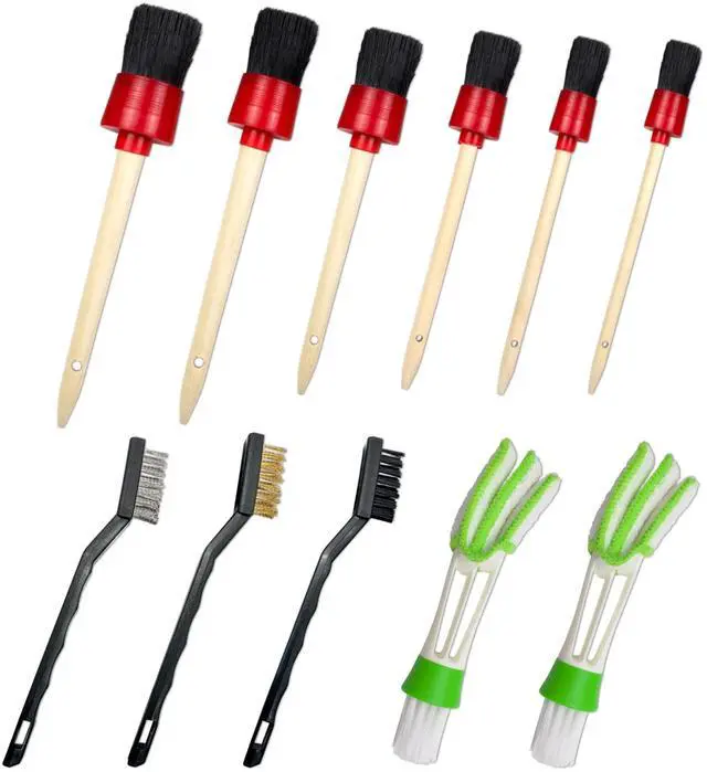 Main image of 11 Piece Car Detailing Kit Set - Car Wheels, Exterior, Interior Cleaning Detail Supplies - Boars Hair, Stainless Steel Wire, Duster Brushes