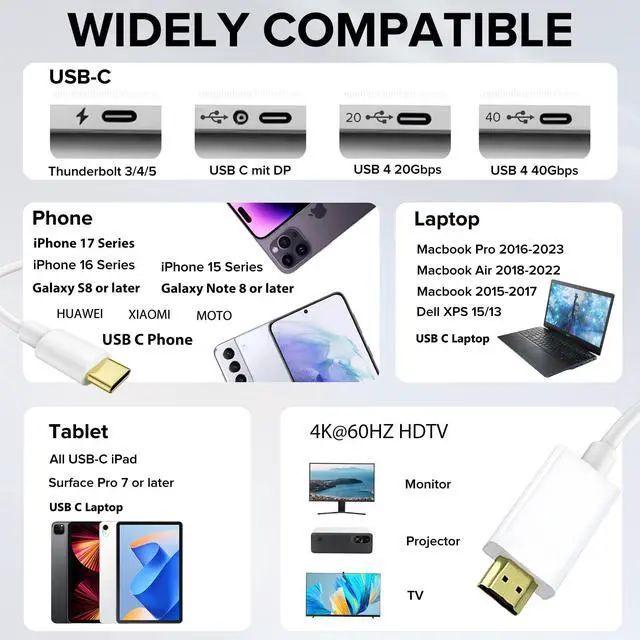 Alt view image 6 of 7 - USB C to HDTV Cable 4K 60Hz High Speed Type C to HDTV Adapter for TV Monitor Projector USBC Digital AV Thunderbolt 3/4/5 Compatible with iPhone 16 15, Galaxy and More USB-C Device 6FT