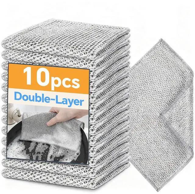 Main image of Stainless Steel Wire Scrubber Sponges, 10 Pack Non-Scratch Heavy Duty Cleaning Cloths, Multi-Purpose Metal Mesh Dish Rags for Kitchen, Dishes, Pots, Pans, Sink, 7.87 x 7.87 Inch (10)