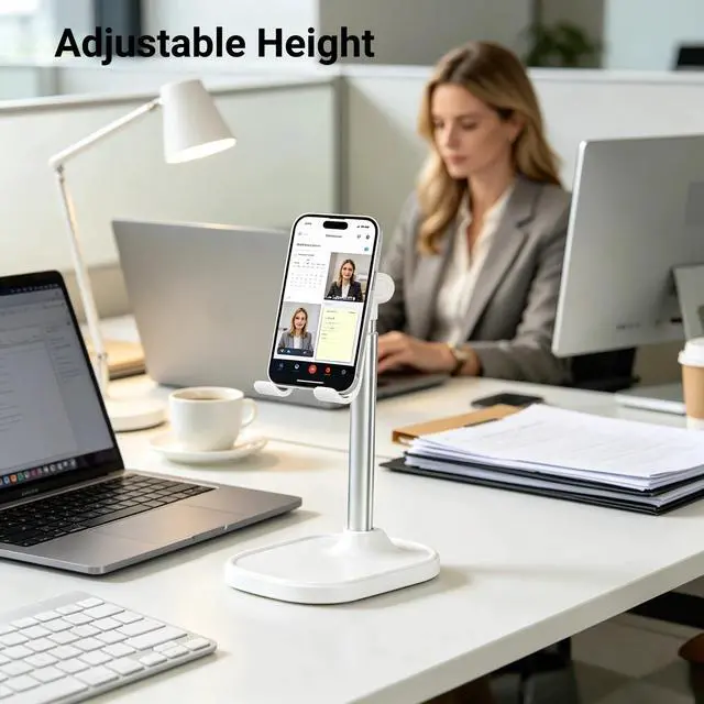 Alt view image 6 of 7 - Cell Phone Stand for Desk,Adjustable Height Phone Stand for Desk,Aluminum Alloy Support Rod,Compatible with iPhone 17 16 15 14 13 Pro Max,4-10" Cellphone and Tablets (White)