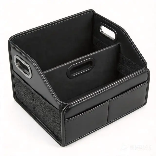 Main image of Car Storage Organizer Reinforced Dividable Leather Car Caddy Basket for Front Seat Floor Back Sturdy Frosted Handle 8 Compartments Adjustable Strap Buckles Slip-Resistant (Normal)