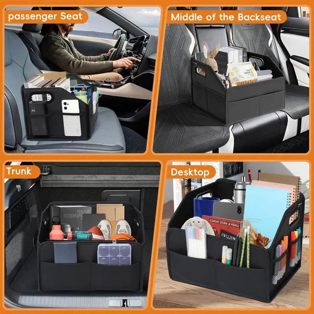 Alt view image 4 of 7 - Car Storage Organizer Reinforced Dividable Leather Car Caddy Basket for Front Seat Floor Back Sturdy Frosted Handle 8 Compartments Adjustable Strap Buckles Slip-Resistant (Normal)