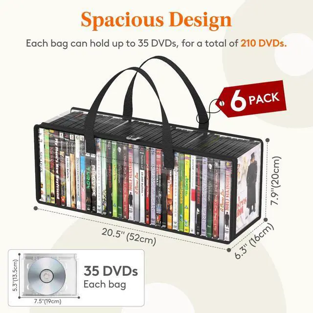 Alt view image 4 of 7 - DVD Storage Bags, Clear PVC DVD Case Holder with Handles, Front Window Zipper Design, Stackable Media Organizer for Blu Ray Disc, Movie Cases, VHS Box, Hold 210 Pcs DVDs (35 Each), 6 Pack