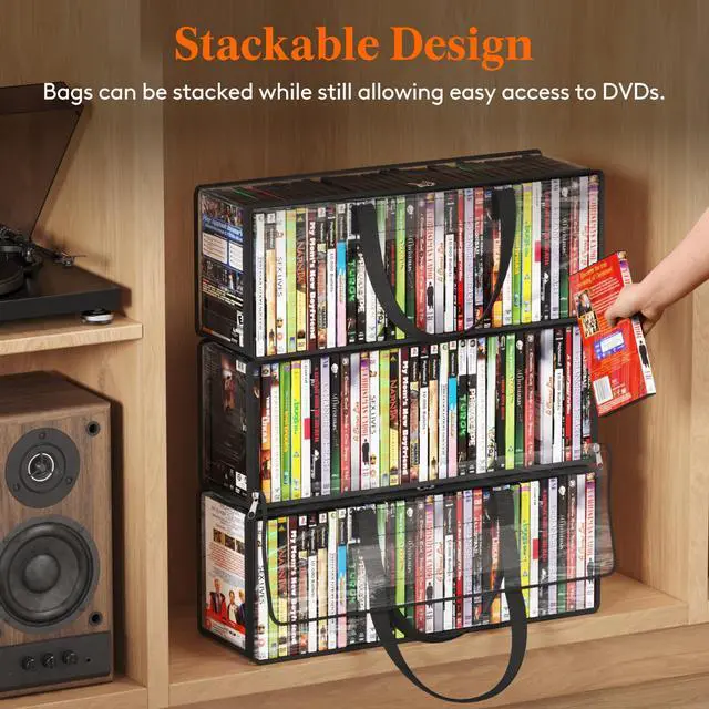 Alt view image 6 of 7 - DVD Storage Bags, Clear PVC DVD Case Holder with Handles, Front Window Zipper Design, Stackable Media Organizer for Blu Ray Disc, Movie Cases, VHS Box, Hold 210 Pcs DVDs (35 Each), 6 Pack