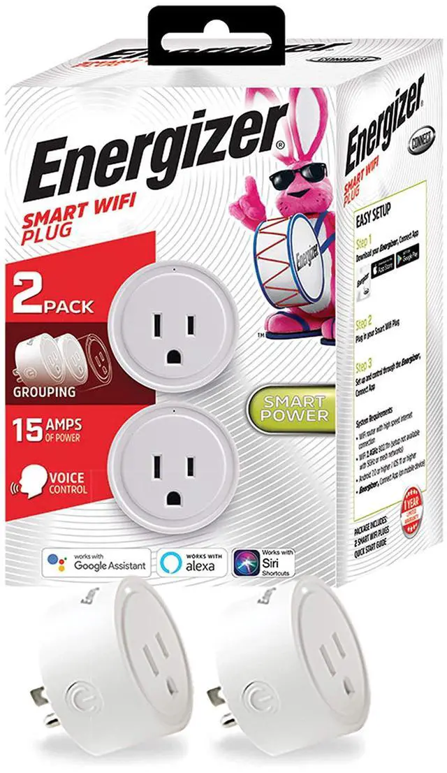 Main image of Energizer Connect Smart WiFi Plug 2 Pack, Mobile Connect App Enabled, Voice Controlled, Alexa, Echo, Siri, Hey Google Enabled, No Hub Required, Mini Outlet 15-Watt, 2.4GHz, ETL & FCC Certified