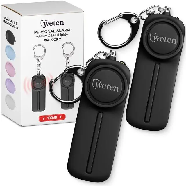 Main image of Personal Safety Alarm Keychain - 2 Pack 130dB Siren, LED Light, Panic Pin Compact Self-Defense Device and Emergency Whistle Alternative for Women, College, Travel, and Night Walk Protection