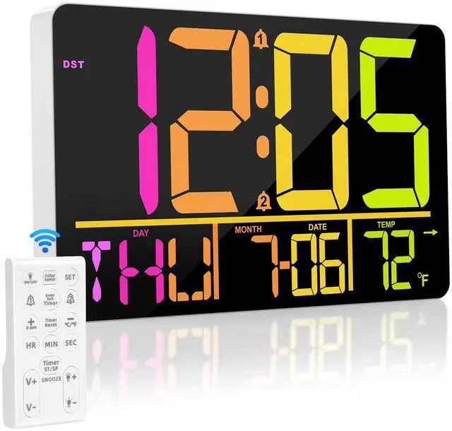 Main image of 13" Large Digital Wall Clock with Remote, RGB Color Changing, 25 Ringtones, 0-100% Auto/Custom Brightness, Temperature, Calendar, 12/24H, DST, Timer, for Living Room/Bedroom/Office/Elderly