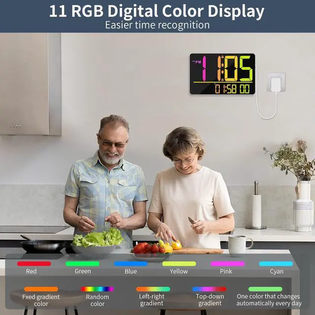 Alt view image 2 of 7 - 13" Large Digital Wall Clock with Remote, RGB Color Changing, 25 Ringtones, 0-100% Auto/Custom Brightness, Temperature, Calendar, 12/24H, DST, Timer, for Living Room/Bedroom/Office/Elderly