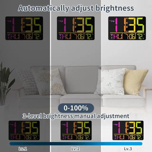 Alt view image 3 of 7 - 13" Large Digital Wall Clock with Remote, RGB Color Changing, 25 Ringtones, 0-100% Auto/Custom Brightness, Temperature, Calendar, 12/24H, DST, Timer, for Living Room/Bedroom/Office/Elderly