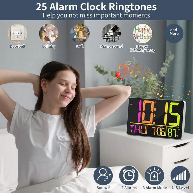Alt view image 4 of 7 - 13" Large Digital Wall Clock with Remote, RGB Color Changing, 25 Ringtones, 0-100% Auto/Custom Brightness, Temperature, Calendar, 12/24H, DST, Timer, for Living Room/Bedroom/Office/Elderly