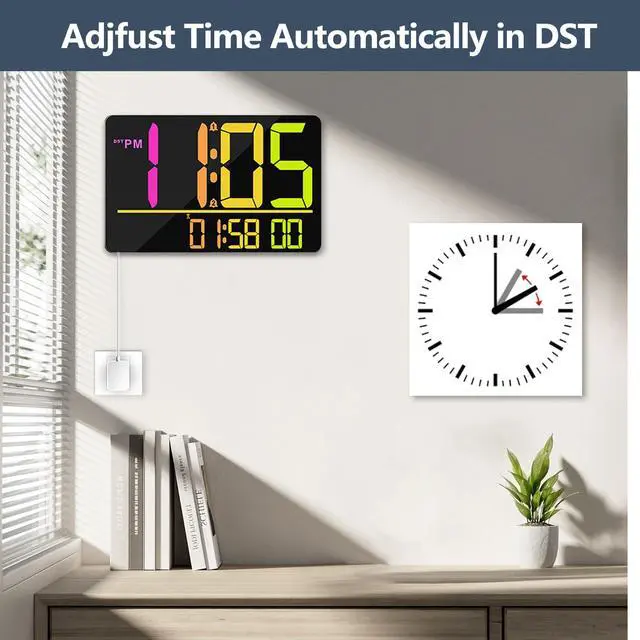 Alt view image 5 of 7 - 13" Large Digital Wall Clock with Remote, RGB Color Changing, 25 Ringtones, 0-100% Auto/Custom Brightness, Temperature, Calendar, 12/24H, DST, Timer, for Living Room/Bedroom/Office/Elderly