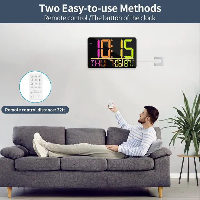 Alt view image 6 of 7 - 13" Large Digital Wall Clock with Remote, RGB Color Changing, 25 Ringtones, 0-100% Auto/Custom Brightness, Temperature, Calendar, 12/24H, DST, Timer, for Living Room/Bedroom/Office/Elderly