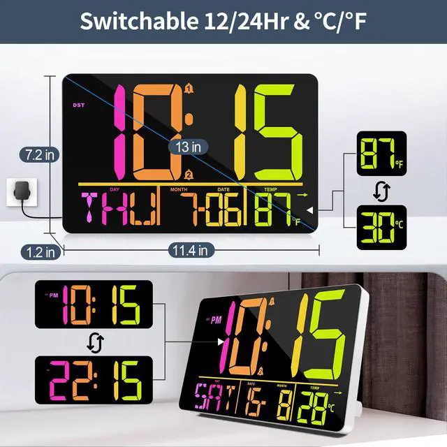 Alt view image 7 of 7 - 13" Large Digital Wall Clock with Remote, RGB Color Changing, 25 Ringtones, 0-100% Auto/Custom Brightness, Temperature, Calendar, 12/24H, DST, Timer, for Living Room/Bedroom/Office/Elderly