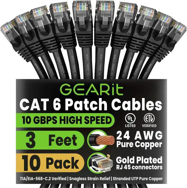 Main image of Cat 6 Ethernet Patch Cable 3 ft Black (10 Pack) Cat6 Patch Cables 3ft Black/Ethernet Patch Cable, 10Gbps 550MHz 24AWG Pure Copper, Snagless, Gold Plated RJ45 for Router, Server, Router, PC