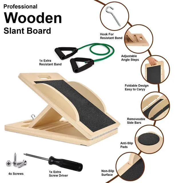 Alt view image 4 of 6 - 3-in-1 Portable Wooden Slant Board for Calf Stretching - Calf Stretcher & Incline Board Convertible to Balance Board + Resistance Band - 5 Angles, Anti-Slip