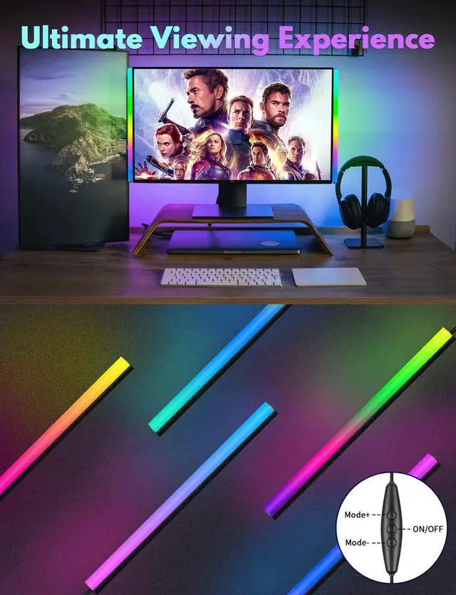 Alt view image 4 of 6 - 2PC RGB Under Monitor Light, Gaming Light with 353 Color Modes, LED Desk Light with Remote Control for Room/Monitor/PC Gaming Setup