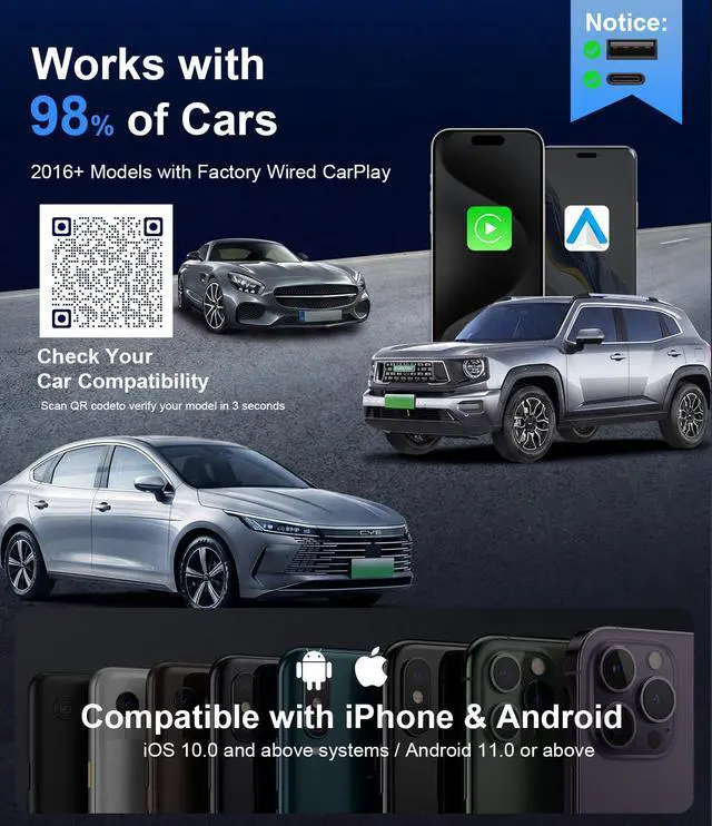 Alt view image 2 of 7 - 2026 Wireless CarPlay Adapter for iPhone, Bluetooth Car Play Wireless Adapter USB C for Apple & Android Auto - 5s Auto Connect Zero Latency, 2-in-1 Ultra Compact Carplay Adapter (Black)