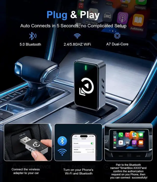 Alt view image 7 of 7 - 2026 Wireless CarPlay Adapter for iPhone, Bluetooth Car Play Wireless Adapter USB C for Apple & Android Auto - 5s Auto Connect Zero Latency, 2-in-1 Ultra Compact Carplay Adapter (Black)