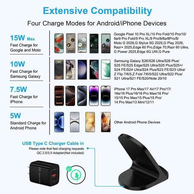 Alt view image 7 of 7 - Wireless Charger Samsung Fast Charging Stand for Samsung Galaxy S26 Ultra/S25Ultra/S24FE//Z Fold7 Flip7/S23/S22,iPhone 17 Pro Max/16Plus/15,Pixel 10/9,Wireless Android Phone Charger Station Desk 2Pack