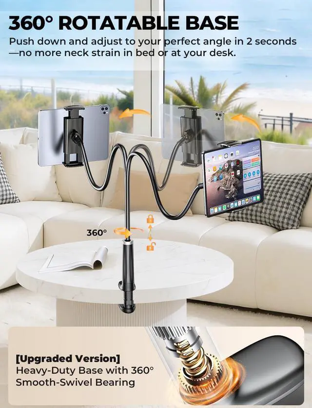 Alt view image 2 of 7 - 42" Long Arm Tablet Holder for Bed with 360° Rotating Base: Flexible Gooseneck Stand Compatible with iPad Pro Air Mini | Kindle | Switch & Other 413" Devices