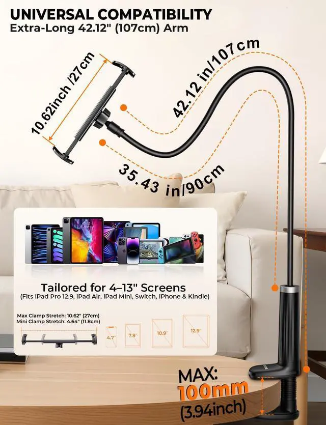 Alt view image 5 of 7 - 42" Long Arm Tablet Holder for Bed with 360° Rotating Base: Flexible Gooseneck Stand Compatible with iPad Pro Air Mini | Kindle | Switch & Other 413" Devices