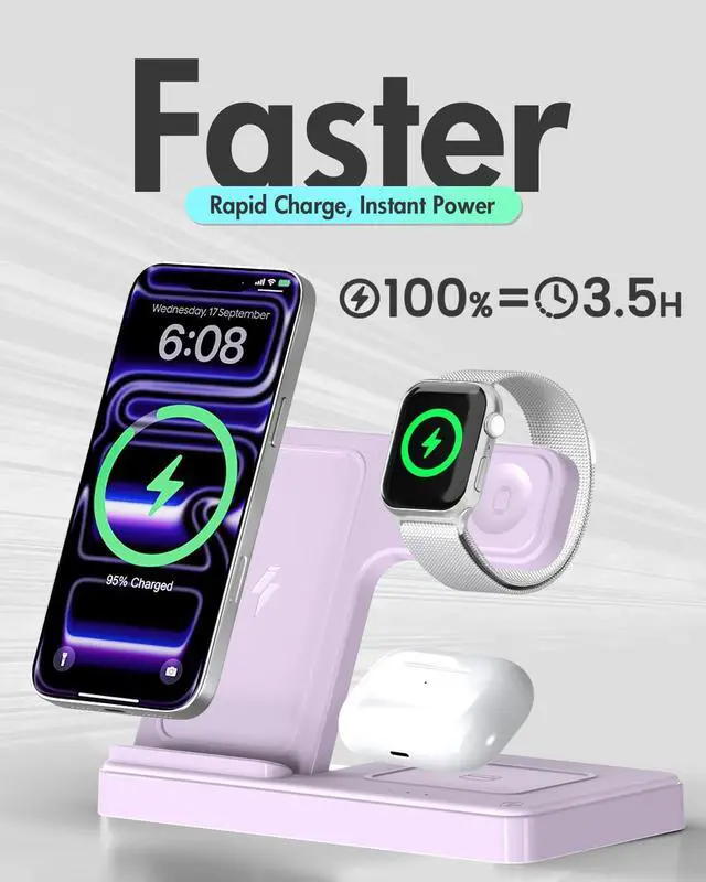 Alt view image 5 of 7 - Wireless Charger Stand Charging Station: 3 in 1 Charger Multiple Devices for Apple iPhone 17 16e 16 15 14 Pro Max 13 12 11 for Watch 11 10 9 8 7 6 5 4 3 2 SE and Ultra & Airpods Series, Light Violet