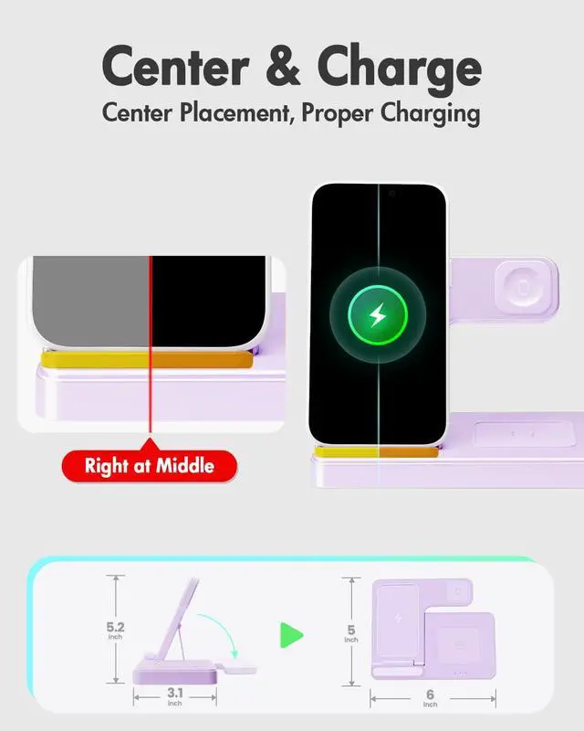 Alt view image 7 of 7 - Wireless Charger Stand Charging Station: 3 in 1 Charger Multiple Devices for Apple iPhone 17 16e 16 15 14 Pro Max 13 12 11 for Watch 11 10 9 8 7 6 5 4 3 2 SE and Ultra & Airpods Series, Light Violet