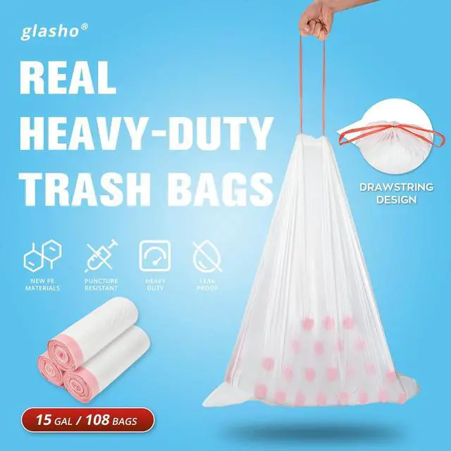 Alt view image 2 of 7 - Ultra Thick 15 Gallon Drawstring Trash Bags, 108 Count, White