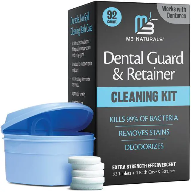 Main image of Retainer Cleaner and Soak Container, No-Mess Cleaning Tablets with Universal Denture Bath Case and Strainer, Multipurpose, for Mouth Guard Stains, Odor, and Plaque (92 Tablets + 1 Bath) by M3