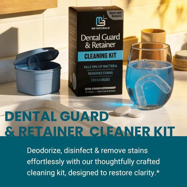 Alt view image 3 of 7 - Retainer Cleaner and Soak Container, No-Mess Cleaning Tablets with Universal Denture Bath Case and Strainer, Multipurpose, for Mouth Guard Stains, Odor, and Plaque (92 Tablets + 1 Bath) by M3