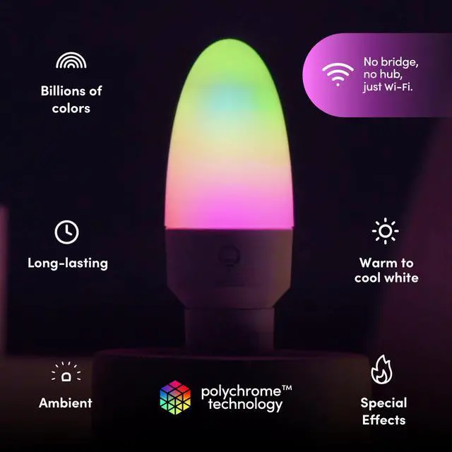Alt view image 2 of 7 - E12 Candle Color Wi-Fi Smart LED Light Bulb, PolychromeColor, Multi-Zone Dimmable, No Hub Req, App & Voice Control, Compatible with Alexa, Apple HomeKit, Google Assistant & Microsoft Cortana