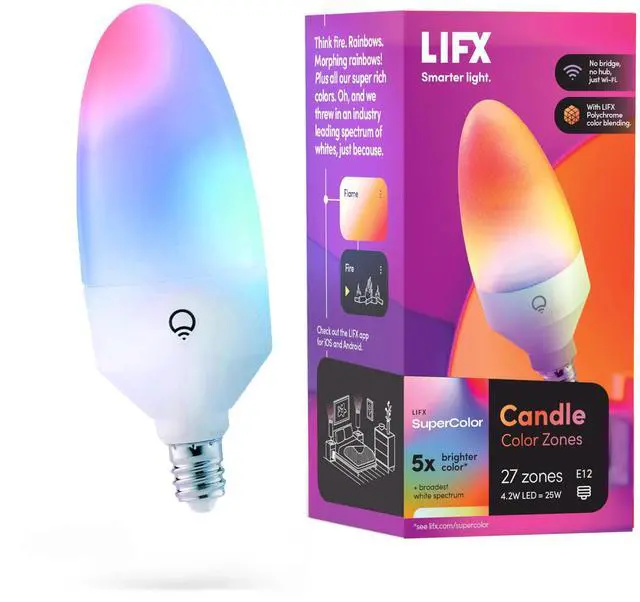 Main image of E12 Candle Color Wi-Fi Smart LED Light Bulb, PolychromeColor, Multi-Zone Dimmable, No Hub Req, App & Voice Control, Compatible with Alexa, Apple HomeKit, Google Assistant & Microsoft Cortana