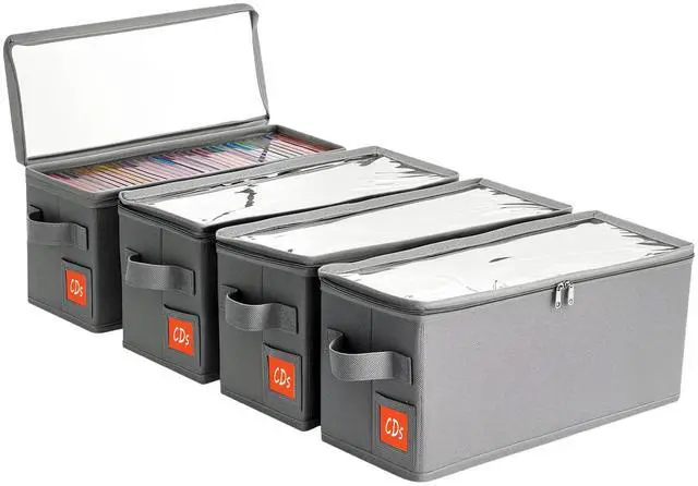 Main image of Stackable CD Holder & Storage Case - CD Storage Box Organizer with Lid & Handle - Dustproof CD/DVD Container with Clear PVC Top - 4Pack (Gray)