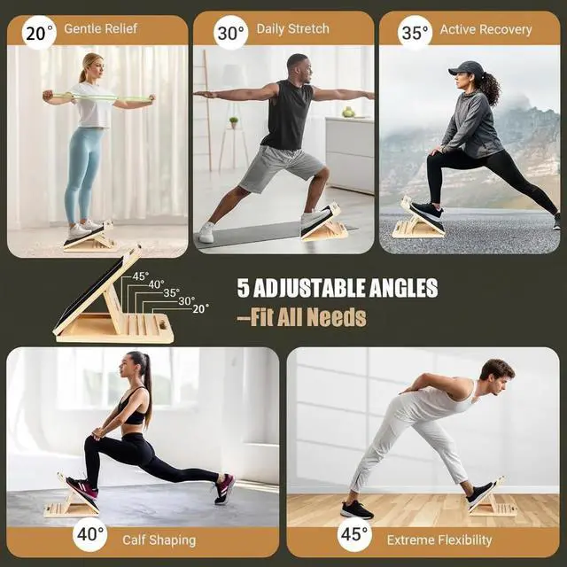 Alt view image 3 of 7 - Adjustable 16.5"×12" Wooden Slant Board 5-Angle Foldable Calf Stretcher & Squat Wedge for Home-Gym, Portable Incline Board for Physical Therapy Rehab Pilates, Ankle Knee Heel Feet Leg, 350 lb Rated