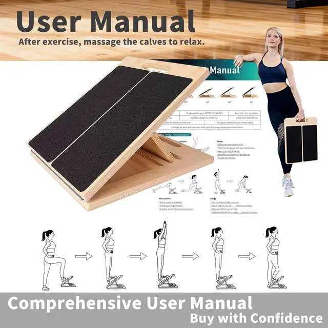 Alt view image 5 of 7 - Adjustable 16.5"×12" Wooden Slant Board 5-Angle Foldable Calf Stretcher & Squat Wedge for Home-Gym, Portable Incline Board for Physical Therapy Rehab Pilates, Ankle Knee Heel Feet Leg, 350 lb Rated