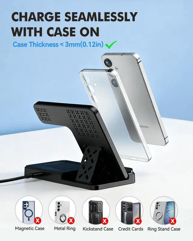 Alt view image 3 of 7 - Wireless Charger for Samsung, 3-in-1 Foldable Charging Station for Samsung S26/S25/S24/S23/S22/S21, Note 20/10, Z Fold 6/5, Galaxy Buds 4/3/2 Pro and Galaxy Watch-Android Travel Charging Stand