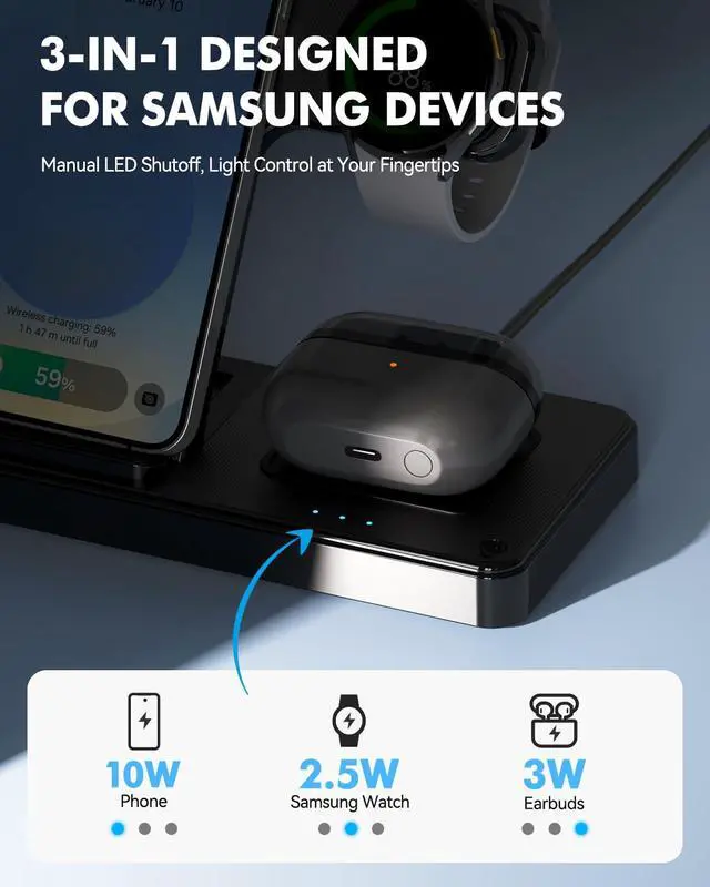 Alt view image 7 of 7 - Wireless Charger for Samsung, 3-in-1 Foldable Charging Station for Samsung S26/S25/S24/S23/S22/S21, Note 20/10, Z Fold 6/5, Galaxy Buds 4/3/2 Pro and Galaxy Watch-Android Travel Charging Stand