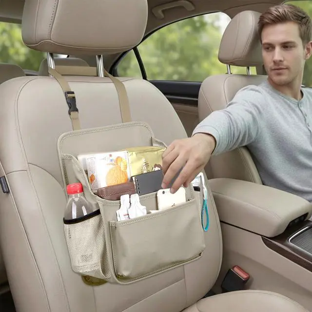 Alt view image 2 of 7 - Front Seat Organizer Car Upholstery Leather Passenger Seat Storage Bag Large Durable Car Organizer with Adjustable Strap Multiple Compartments Mesh Bags Cup Holders (beige)