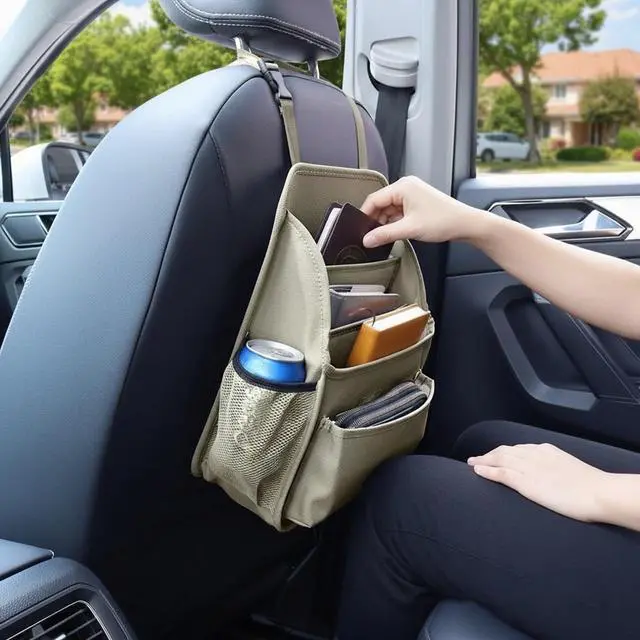 Alt view image 3 of 7 - Front Seat Organizer Car Upholstery Leather Passenger Seat Storage Bag Large Durable Car Organizer with Adjustable Strap Multiple Compartments Mesh Bags Cup Holders (beige)