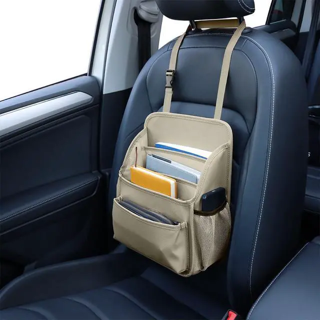 Alt view image 4 of 7 - Front Seat Organizer Car Upholstery Leather Passenger Seat Storage Bag Large Durable Car Organizer with Adjustable Strap Multiple Compartments Mesh Bags Cup Holders (beige)