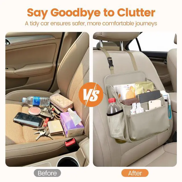 Alt view image 5 of 7 - Front Seat Organizer Car Upholstery Leather Passenger Seat Storage Bag Large Durable Car Organizer with Adjustable Strap Multiple Compartments Mesh Bags Cup Holders (beige)
