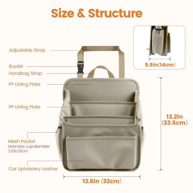 Alt view image 6 of 7 - Front Seat Organizer Car Upholstery Leather Passenger Seat Storage Bag Large Durable Car Organizer with Adjustable Strap Multiple Compartments Mesh Bags Cup Holders (beige)