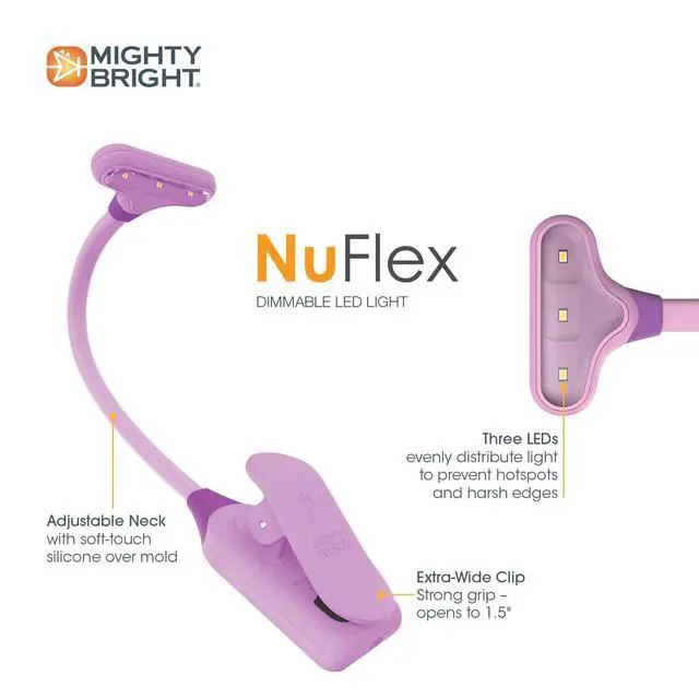 Alt view image 2 of 5 - The Original NuFlex Book Light, Battery-Powered, Warm Eye Care LEDs, Flexible, Durable, Dimmable, Clip-On Reading Light, Read in Bed, Use Batteries or Micro USB (Lavender)