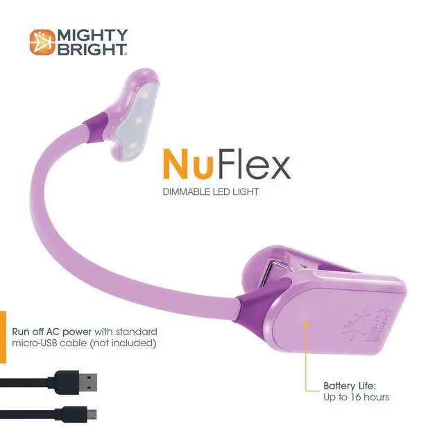 Alt view image 3 of 5 - The Original NuFlex Book Light, Battery-Powered, Warm Eye Care LEDs, Flexible, Durable, Dimmable, Clip-On Reading Light, Read in Bed, Use Batteries or Micro USB (Lavender)