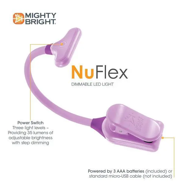 Alt view image 4 of 5 - The Original NuFlex Book Light, Battery-Powered, Warm Eye Care LEDs, Flexible, Durable, Dimmable, Clip-On Reading Light, Read in Bed, Use Batteries or Micro USB (Lavender)